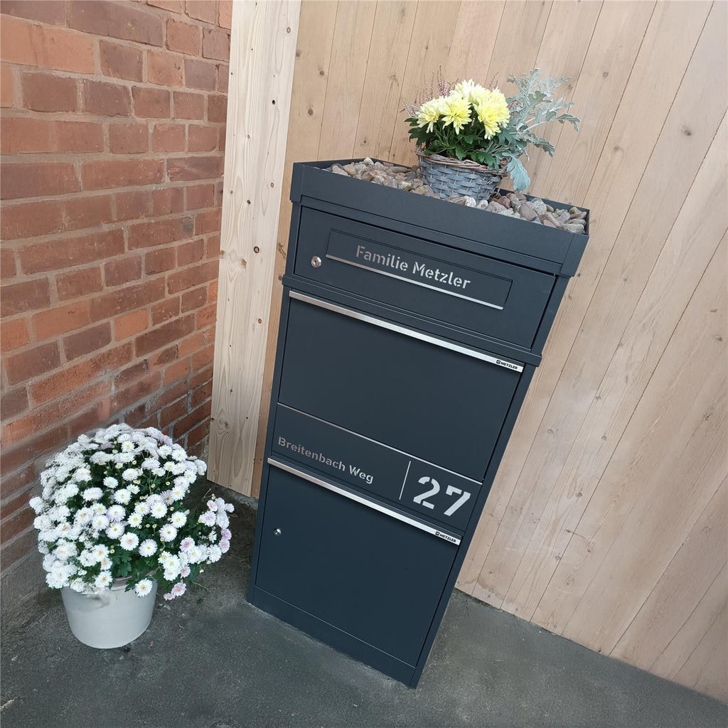 Metzler Paketbox mit Briefkasten | personalisiert mit Gravur | Edelstahl-Namensschild | mit Briefeinwurf | Taren