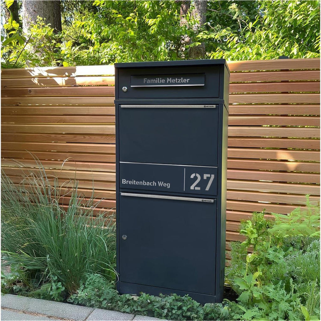 Metzler Paketbox mit Briefkasten | personalisiert mit Gravur | Edelstahl-Namensschild | mit Briefeinwurf | Taren