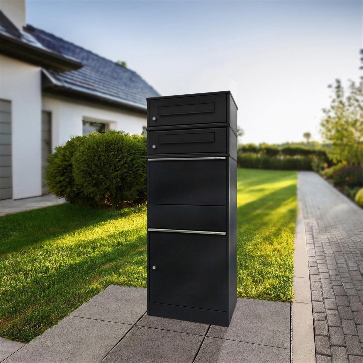 Metzler Paketbox mit 2 Briefkästen | zweifacher Briefeinwurf | für Pakete bis zur Größe M | rostfrei | Bispo