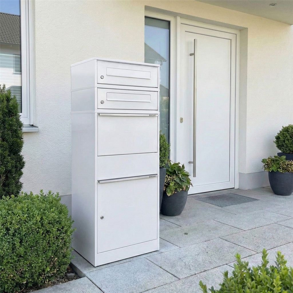 Metzler Paketbox mit 2 Briefkästen | zweifacher Briefeinwurf | für Pakete bis zur Größe M | rostfrei | Bispo