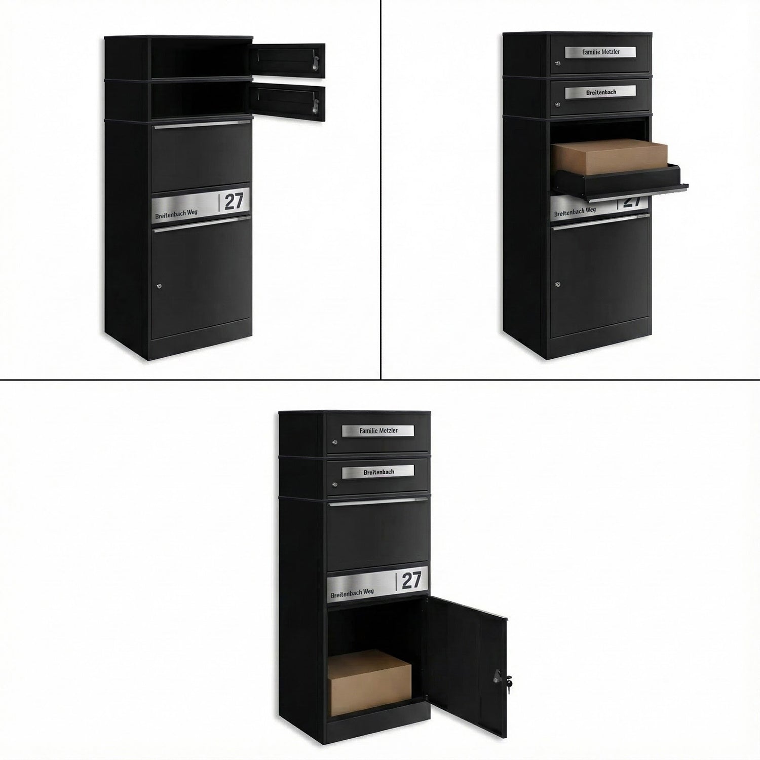Metzler Paketbox mit 2 Briefkästen | personalisiert mit Gravur | Edelstahl-Namensschild | mit Briefeinwurf | Bispo 2