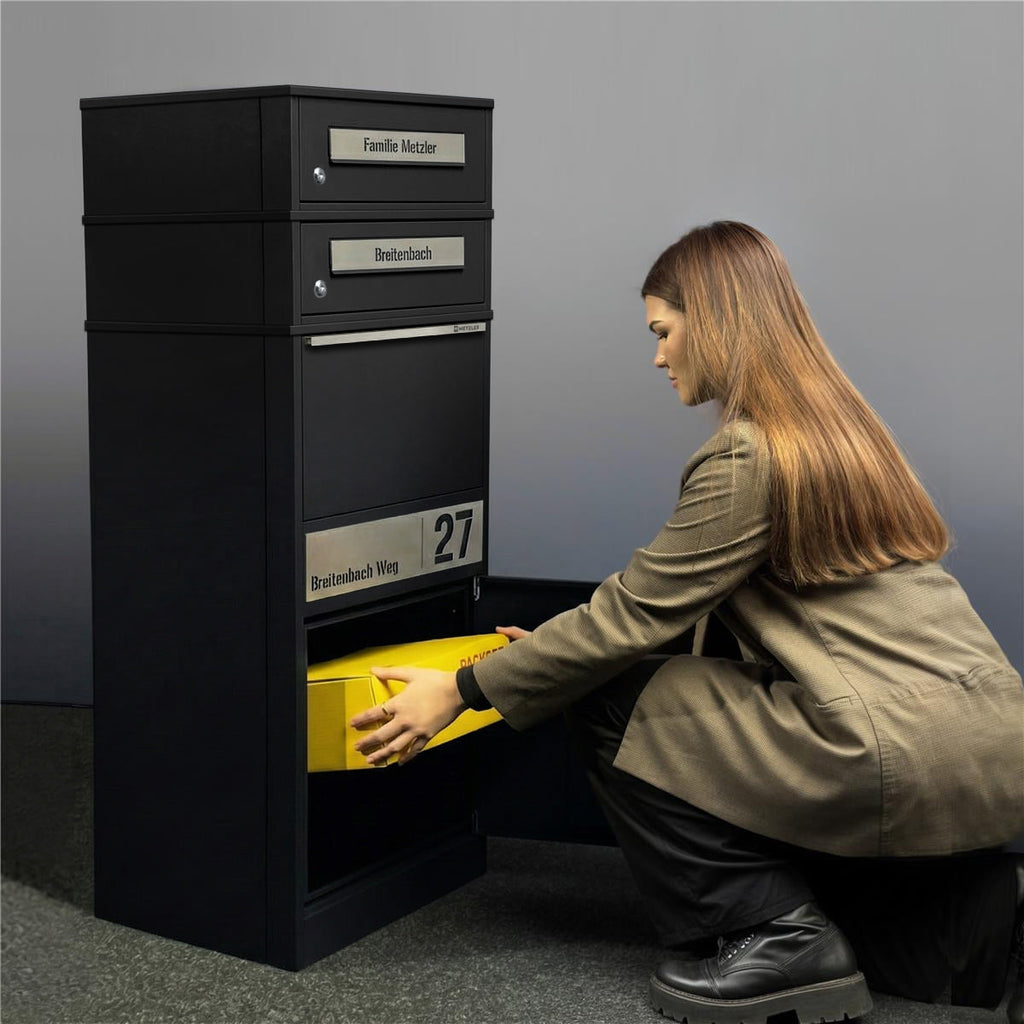 Metzler Paketbox mit 2 Briefkästen | personalisiert mit Gravur | Edelstahl-Namensschild | mit Briefeinwurf | Bispo 2