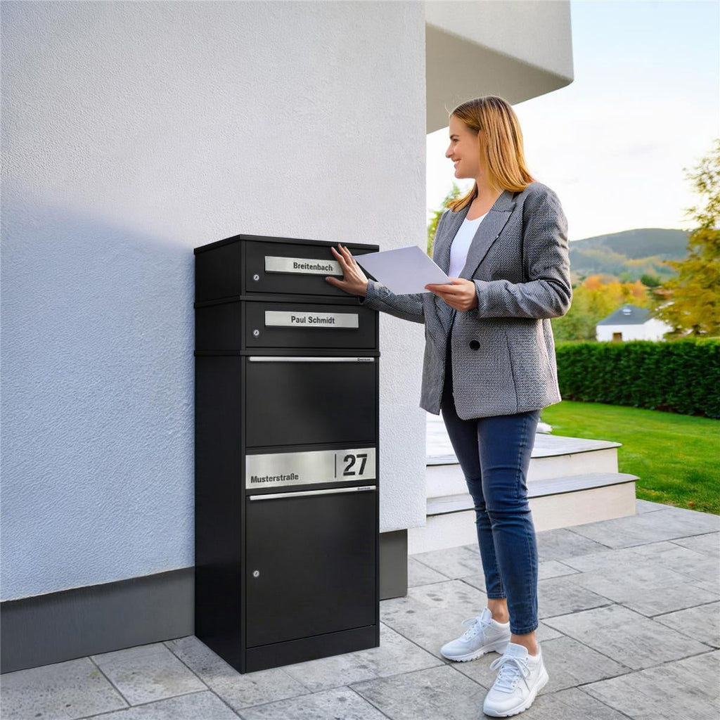 Metzler Paketbox mit 2 Briefkästen | personalisiert mit Gravur | Edelstahl-Namensschild | mit Briefeinwurf | Bispo 2