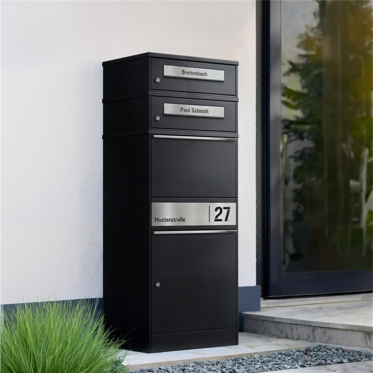 Metzler Paketbox mit 2 Briefkästen | personalisiert mit Gravur | Edelstahl-Namensschild | mit Briefeinwurf | Bispo 2