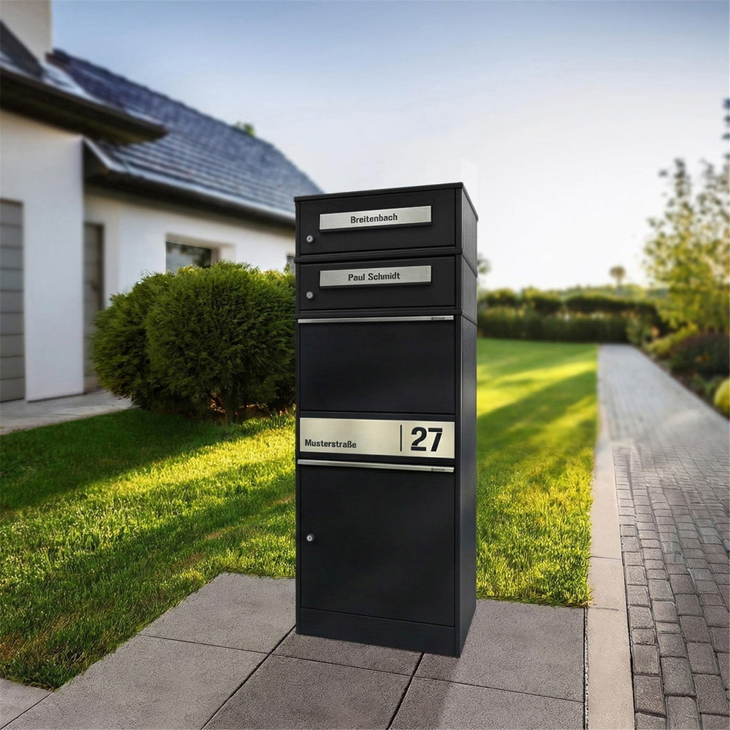 Metzler Paketbox mit 2 Briefkästen | personalisiert mit Gravur | Edelstahl-Namensschild | mit Briefeinwurf | Bispo 2