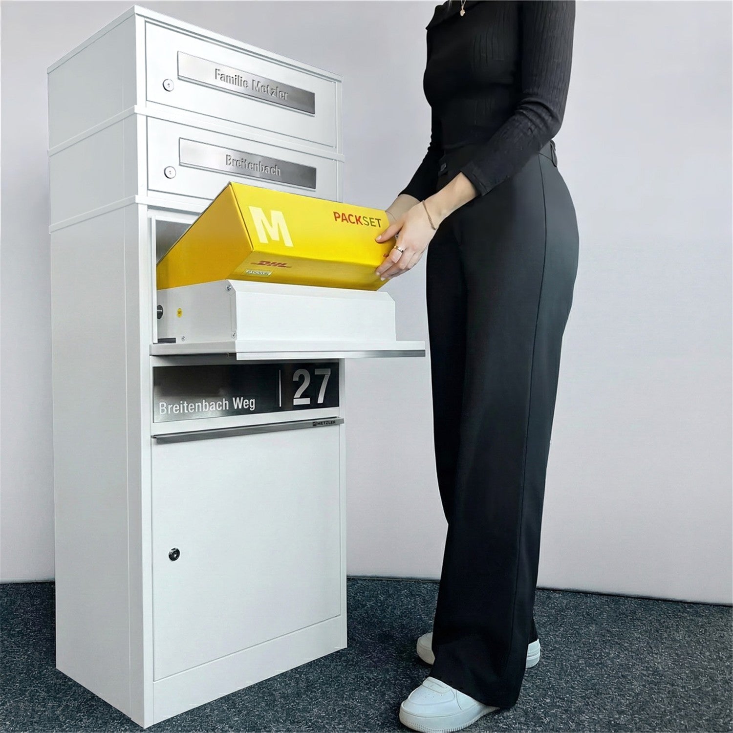 Metzler Paketbox mit 2 Briefkästen | personalisiert mit Gravur | Edelstahl-Namensschild | mit Briefeinwurf | Bispo 2