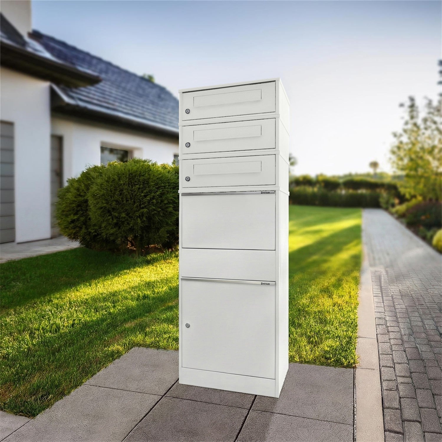 Metzler Paketbox mit 3 Briefkästen | dreifacher Briefeinwurf | für Pakete bis zur Größe M | rostfrei | Bispo