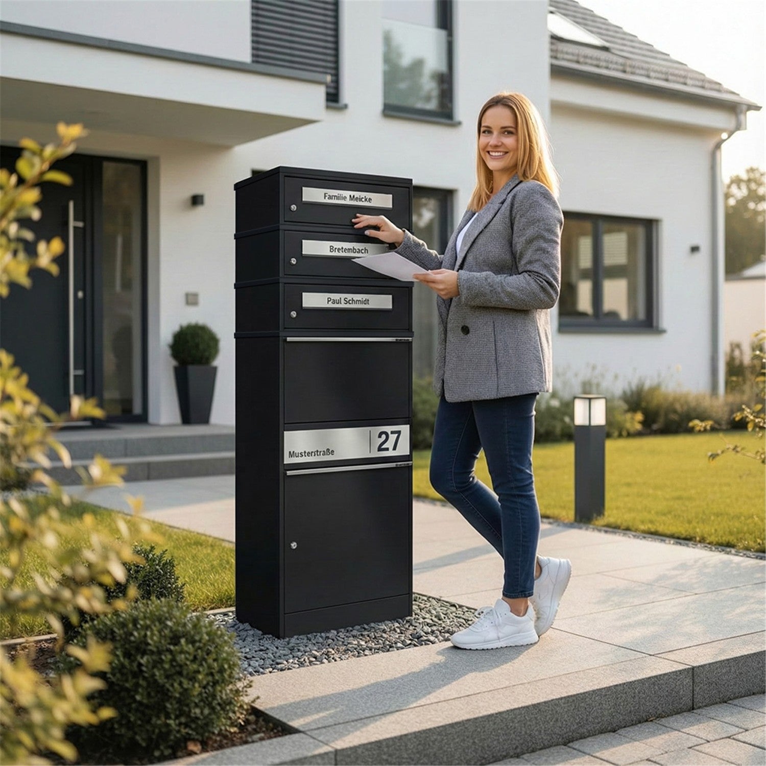 Metzler Paketbox mit 3 Briefkästen | personalisiert mit Gravur | Edelstahl-Namensschild | mit Briefeinwurf | Bispo 2