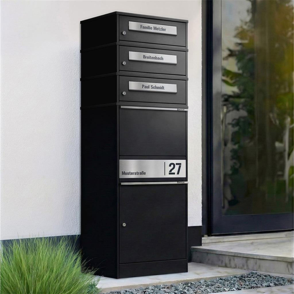 Metzler Paketbox mit 3 Briefkästen | personalisiert mit Gravur | Edelstahl-Namensschild | mit Briefeinwurf | Bispo 2