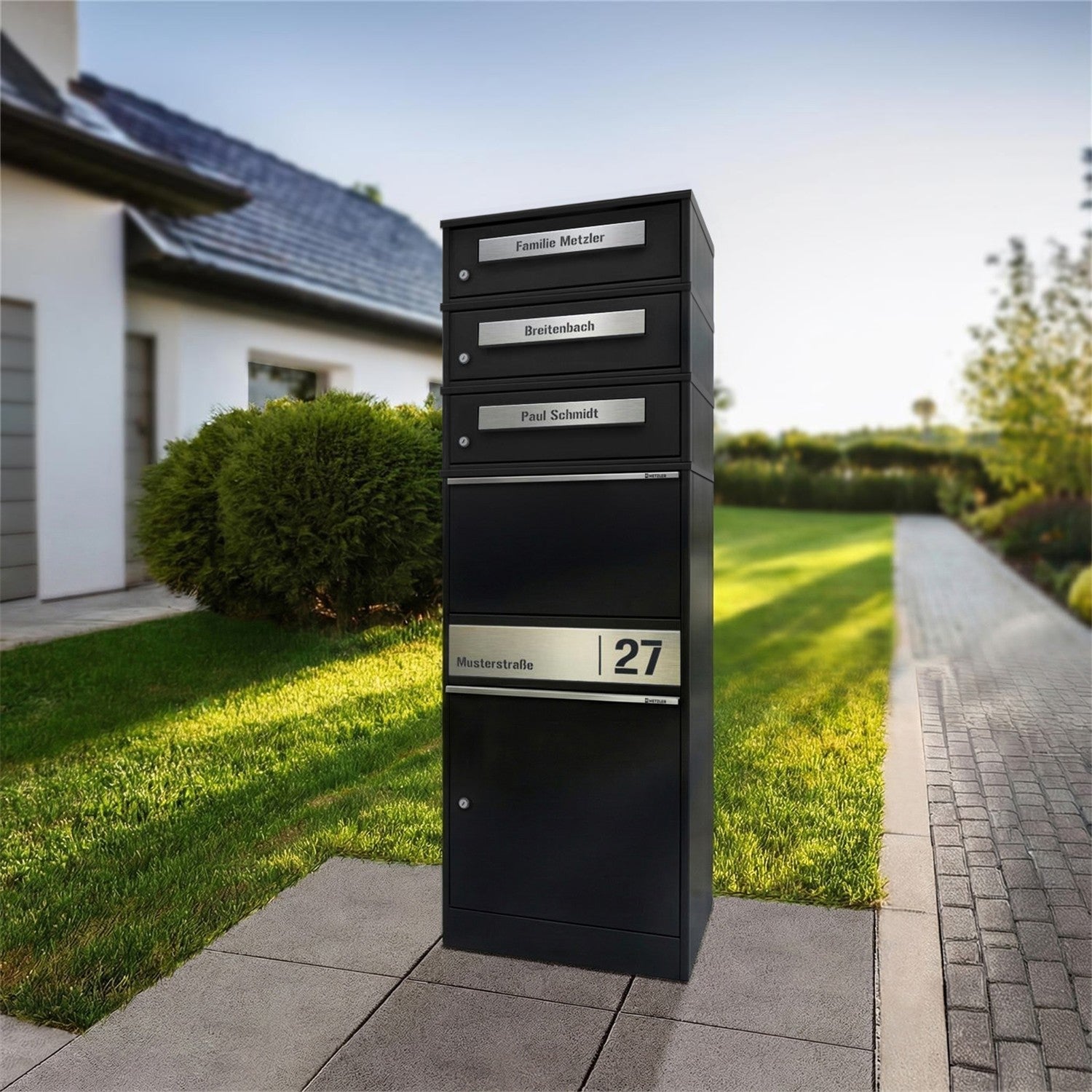 Metzler Paketbox mit 3 Briefkästen | personalisiert mit Gravur | Edelstahl-Namensschild | mit Briefeinwurf | Bispo 2
