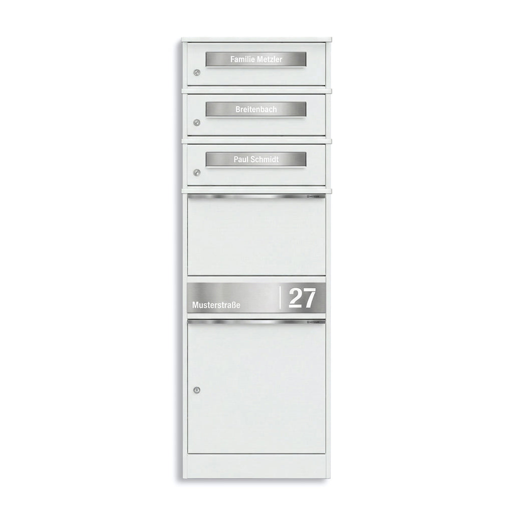 Metzler Paketbox mit 3 Briefkästen | personalisiert mit Gravur | Edelstahl-Namensschild | mit Briefeinwurf | Bispo 2