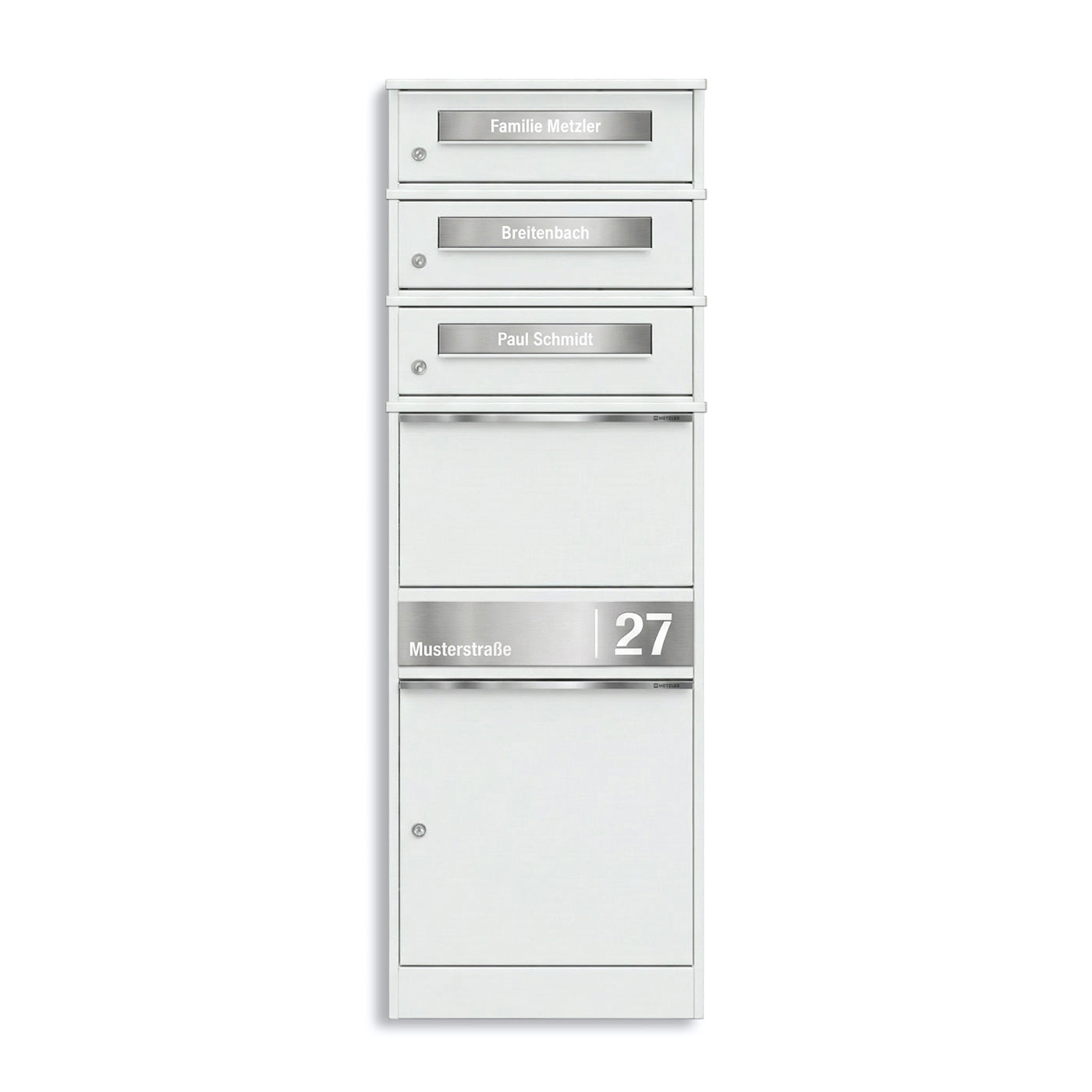 Metzler Paketbox mit 3 Briefkästen | personalisiert mit Gravur | Edelstahl-Namensschild | mit Briefeinwurf | Bispo 2