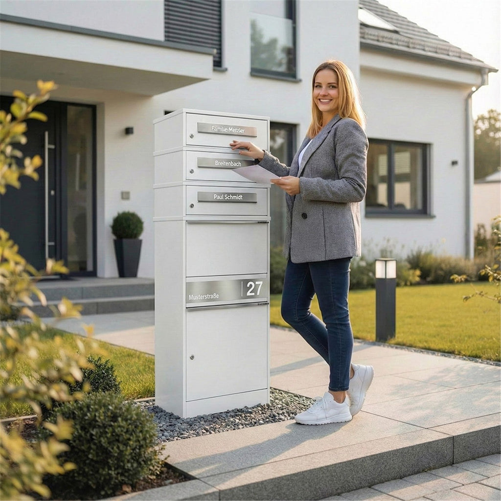 Metzler Paketbox mit 3 Briefkästen | personalisiert mit Gravur | Edelstahl-Namensschild | mit Briefeinwurf | Bispo 2
