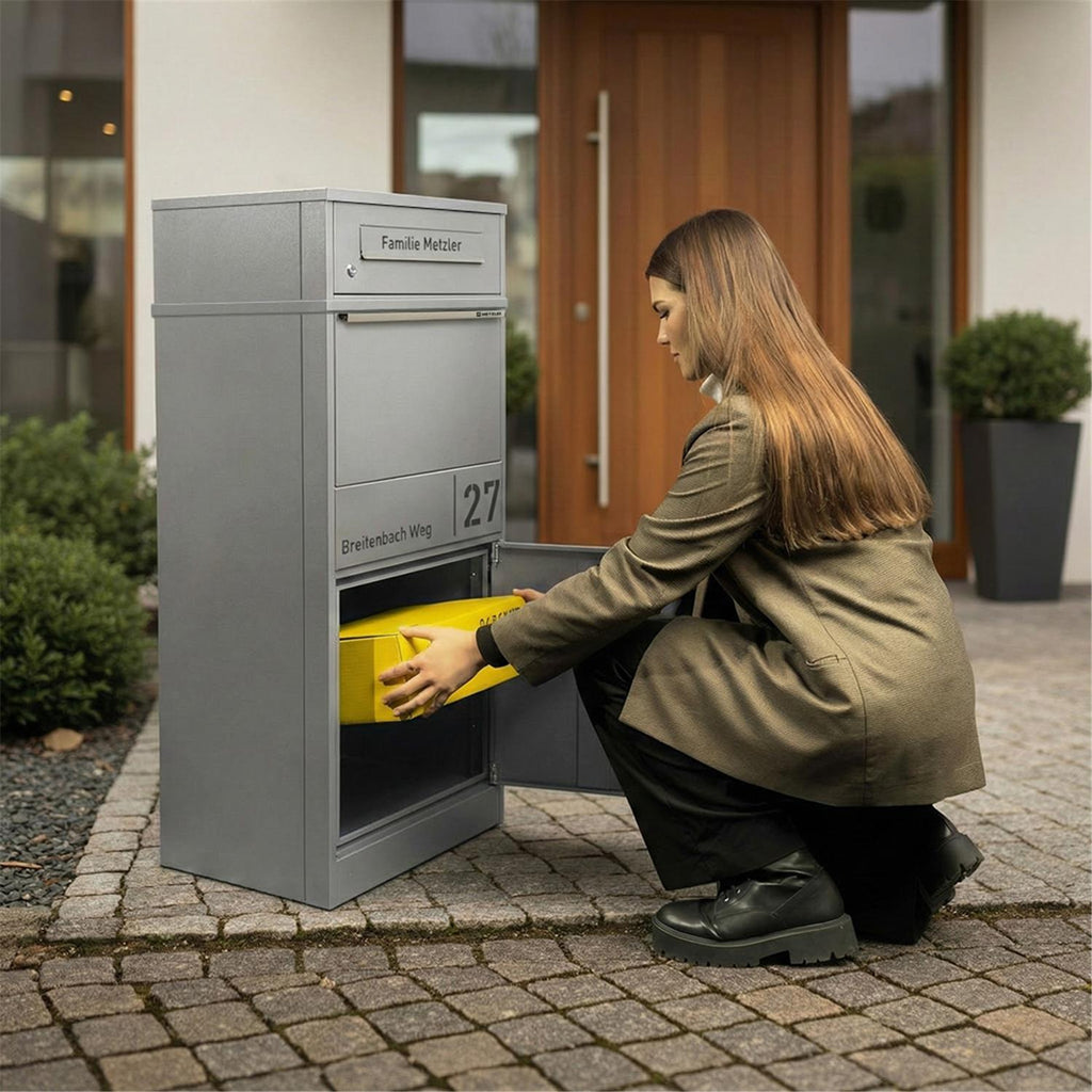 Metzler Paketbox mit Briefkasten | personalisiert mit Gravur | Edelstahl-Namensschild | mit Briefeinwurf | Taren