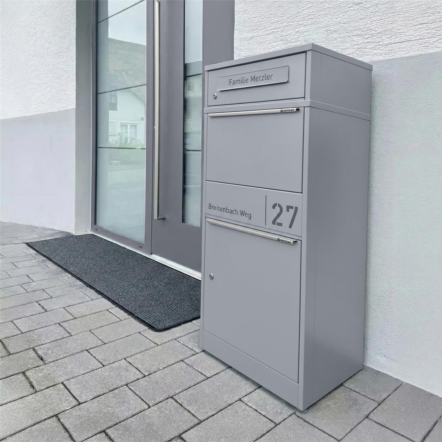 Metzler Paketbox mit Briefkasten | personalisiert mit Gravur | Edelstahl-Namensschild | mit Briefeinwurf | Taren