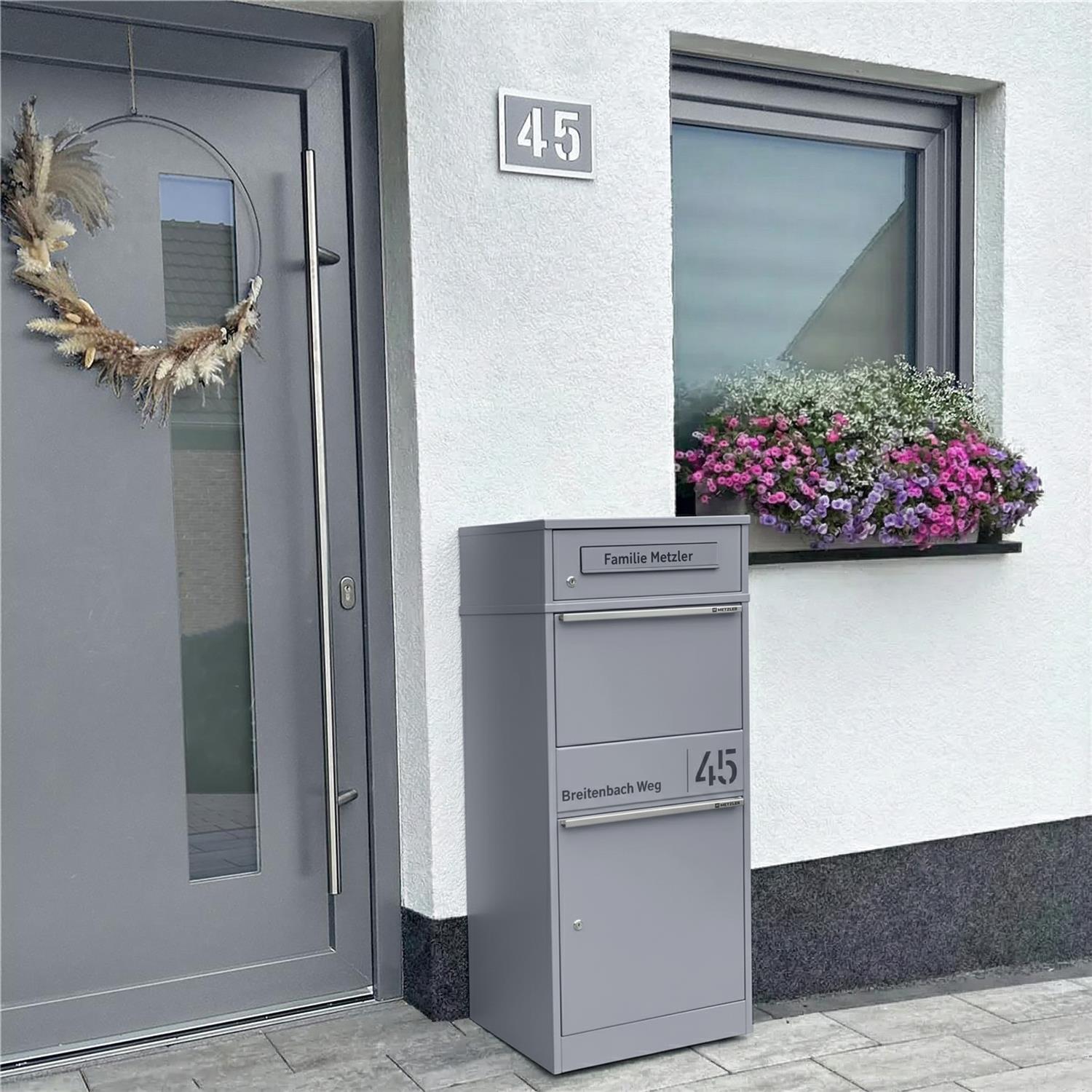 Metzler Paketbox mit Briefkasten | personalisiert mit Gravur | Edelstahl-Namensschild | mit Briefeinwurf | Taren