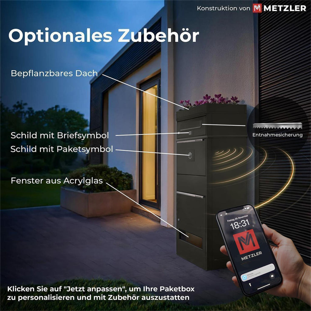 Metzler Paketbox mit 2 Briefkästen mit austauschbaren Namensschildern | für Pakete bis zur Größe M | Bispo RE