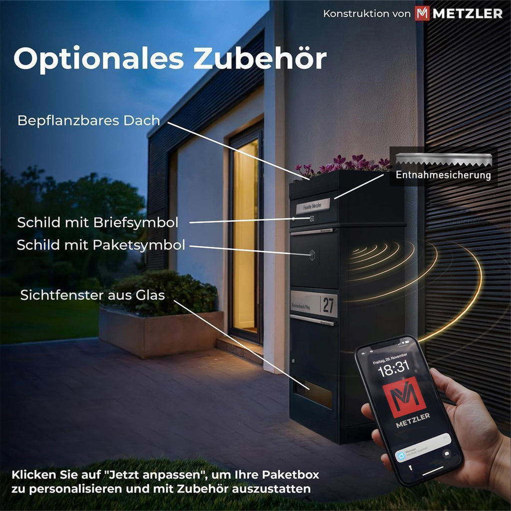 Metzler Paketbox mit 2 Briefkästen | personalisiert mit Gravur | Edelstahl-Namensschild | mit Briefeinwurf | Bispo 2