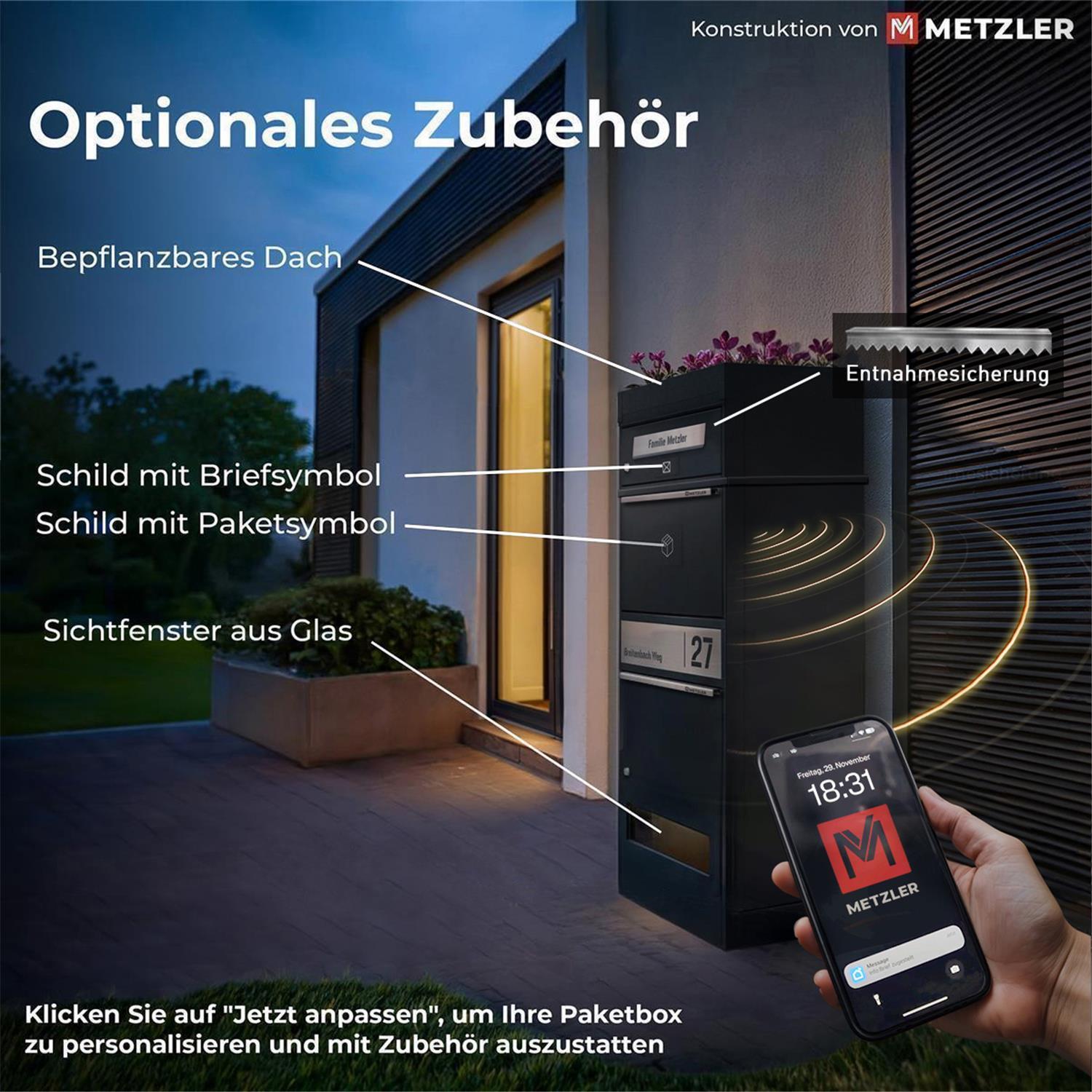 Metzler Paketbox mit 2 Briefkästen | personalisiert mit Gravur | Edelstahl-Namensschild | mit Briefeinwurf | Bispo 2