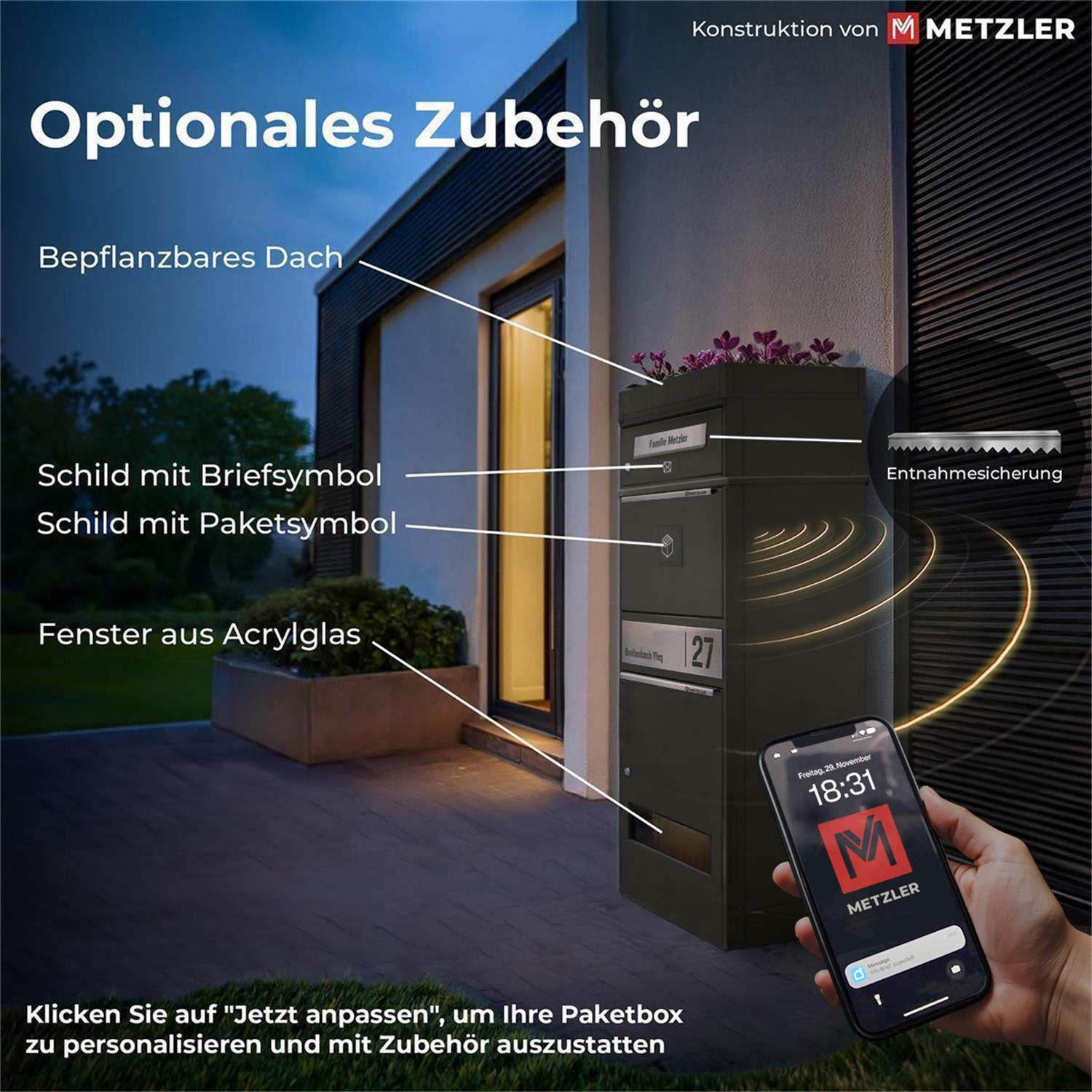 Metzler Paketbox mit 2 Briefkästen | personalisiert mit Gravur | Edelstahl-Namensschild | mit Briefeinwurf | Bispo 2