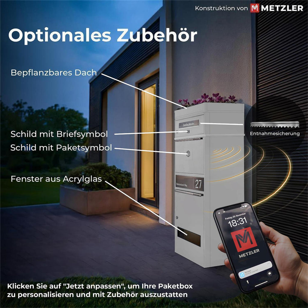 Metzler Paketbox mit 2 Briefkästen | personalisiert mit Gravur | Edelstahl-Namensschild | mit Briefeinwurf | Bispo 2