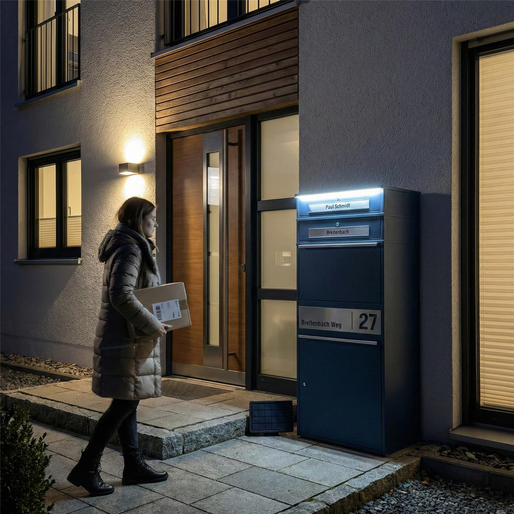 Metzler Paketbox XL mit 2 Briefkästen | LED  | personalisiert mit Gravur | RAL 7016 Anthrazit | Bispo Max 2