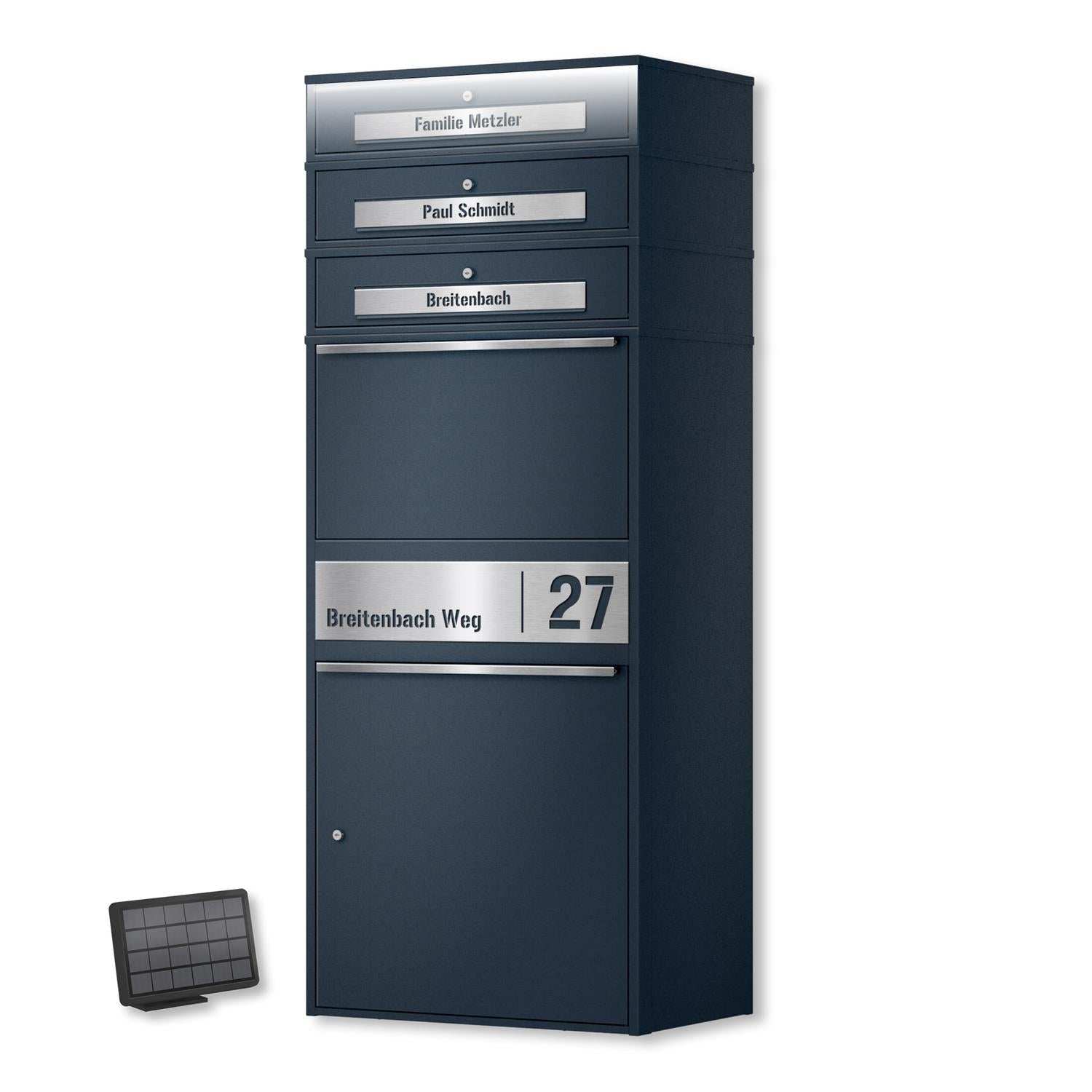 Metzler Paketbox XL mit 3 Briefkästen | LED | personalisiert mit Gravur | RAL 7016 Anthrazit | Bispo Max 2