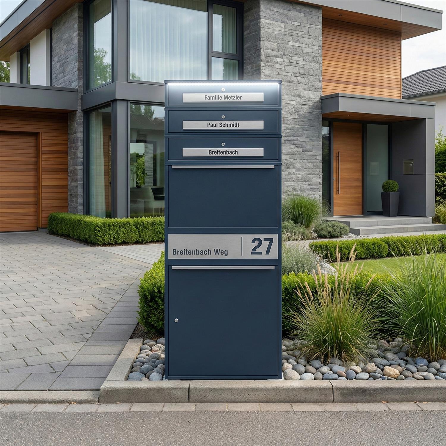 Metzler Paketbox XL mit 3 Briefkästen | LED | personalisiert mit Gravur | RAL 7016 Anthrazit | Bispo Max 2