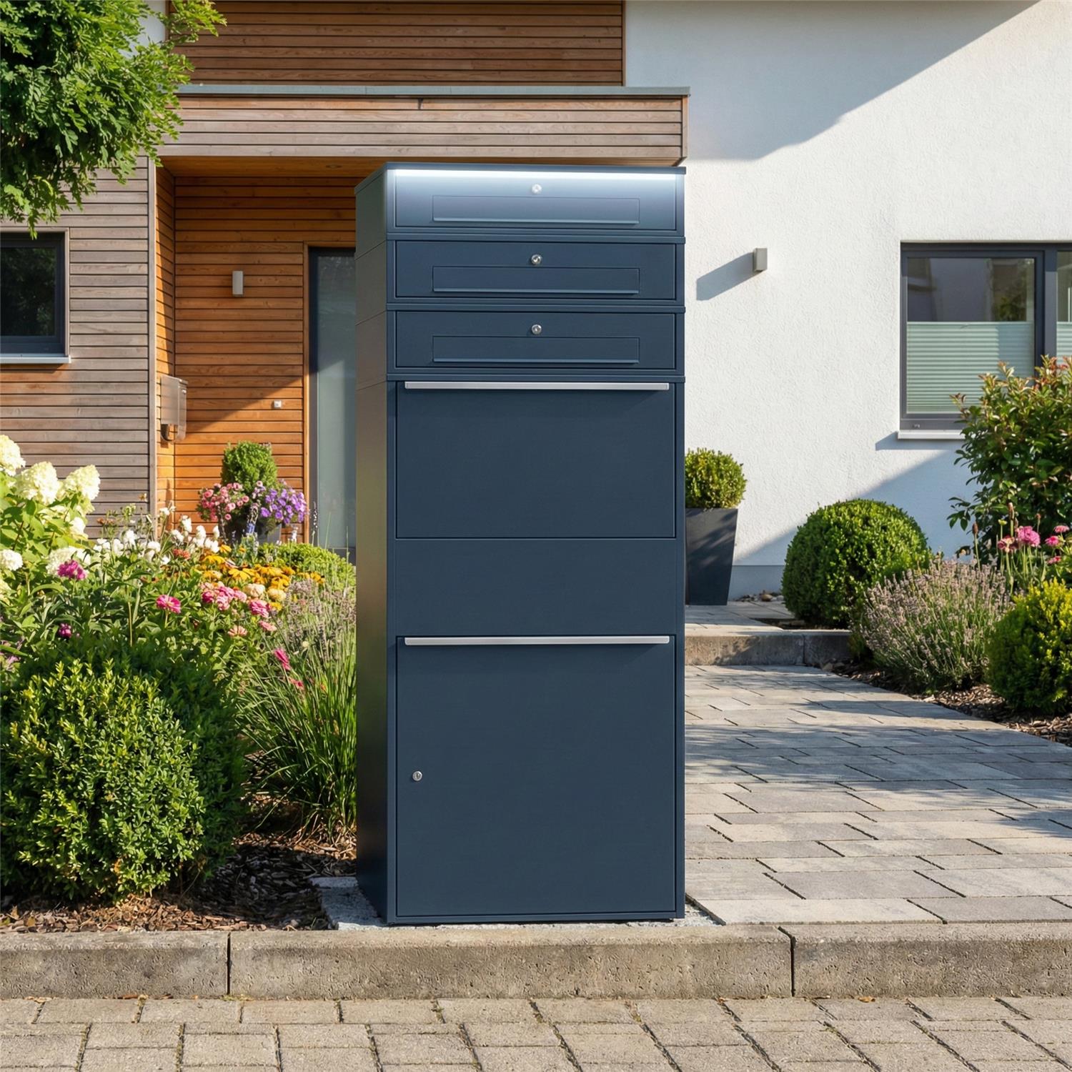 Metzler Paketbox XL mit 3 Briefkästen | LED | RAL 7016 Anthrazit | Bispo Max 2