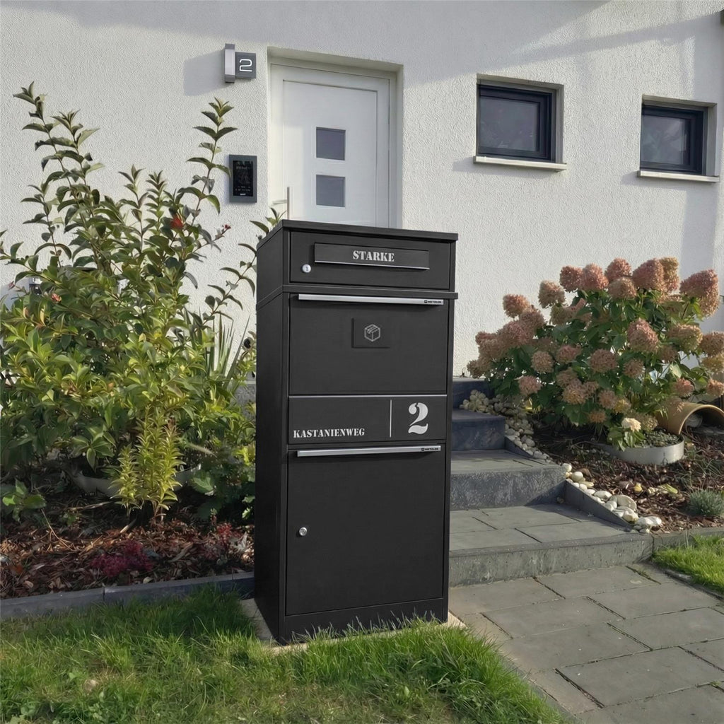 Metzler Paketbox mit Briefkasten | personalisiert mit Gravur | Edelstahl-Namensschild | mit Briefeinwurf | Taren