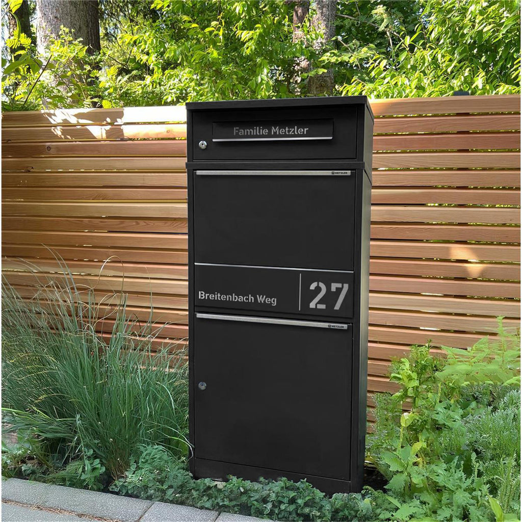 Metzler Paketbox mit Briefkasten | personalisiert mit Gravur | Edelstahl-Namensschild | mit Briefeinwurf | Taren