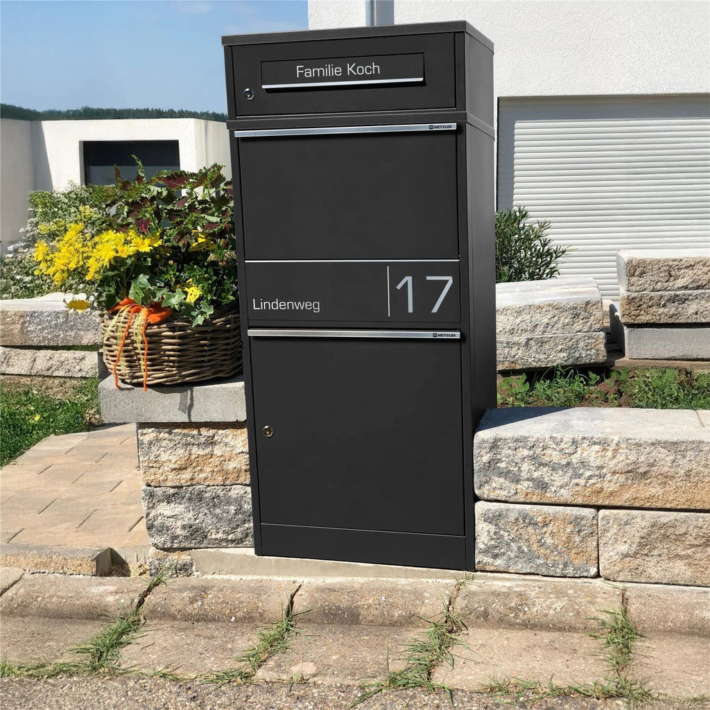 Metzler Paketbox mit Briefkasten | personalisiert mit Gravur | Edelstahl-Namensschild | mit Briefeinwurf | Taren
