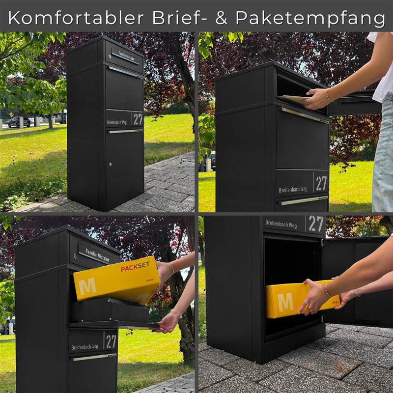 Metzler Paketbox mit Briefkasten | personalisiert mit Gravur | Edelstahl-Namensschild | mit Briefeinwurf | Taren