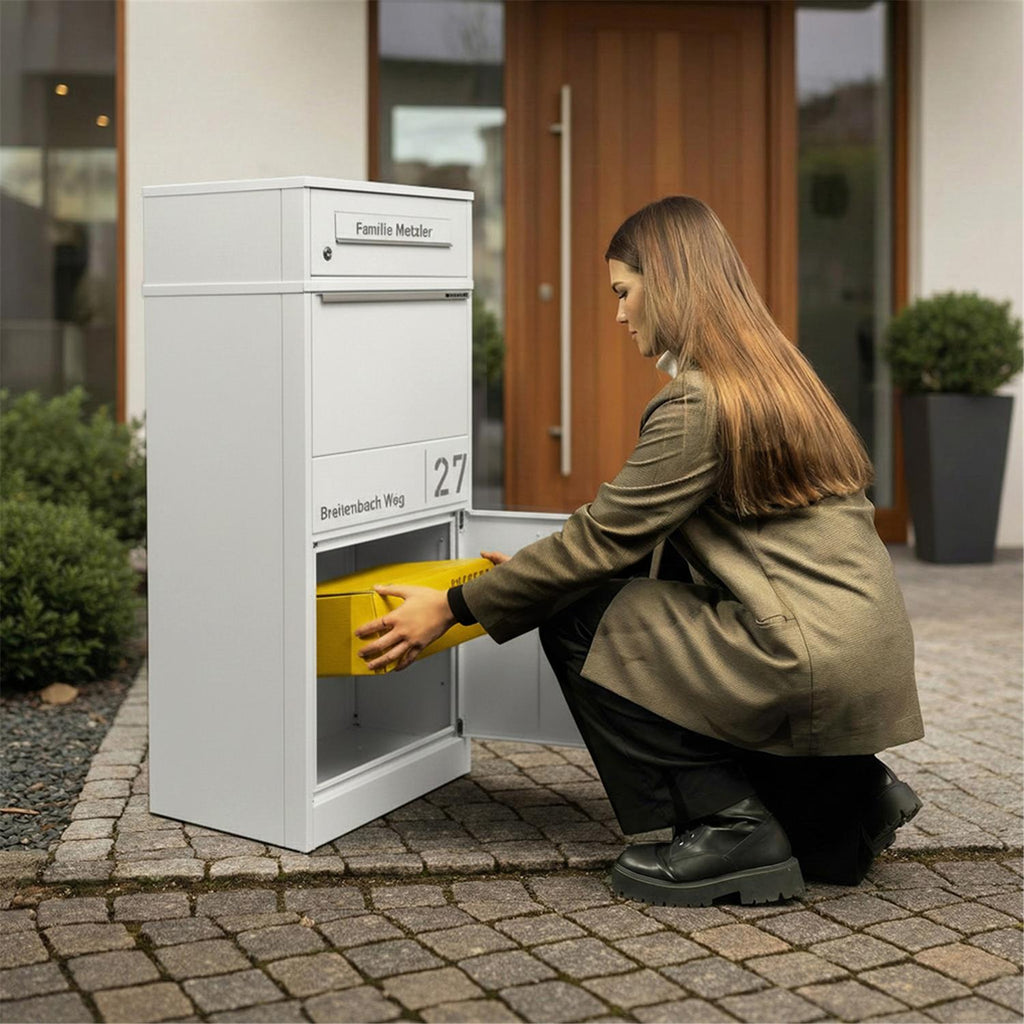 Metzler Paketbox mit Briefkasten | personalisiert mit Gravur | Edelstahl-Namensschild | mit Briefeinwurf | Taren