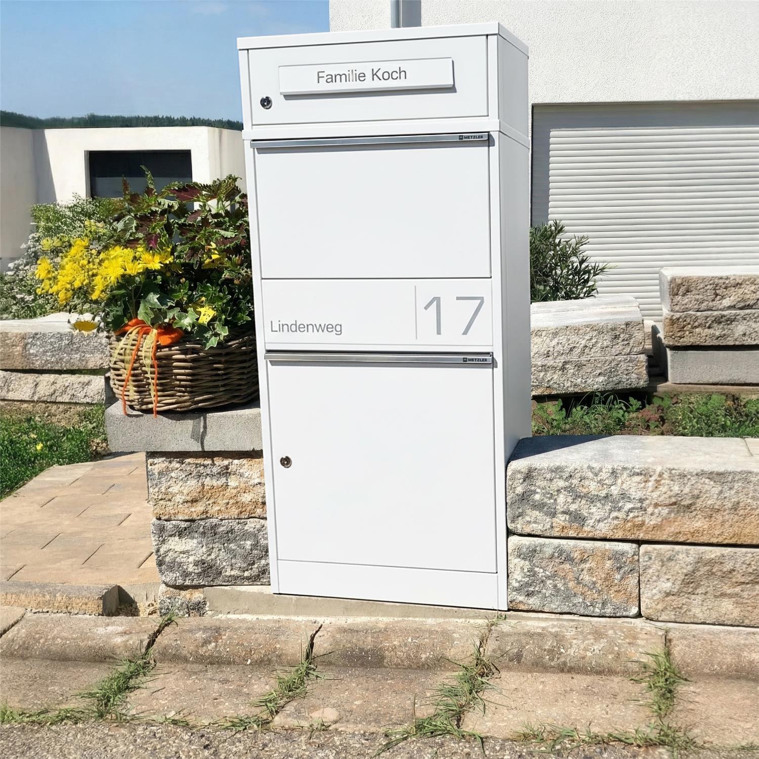 Metzler Paketbox mit Briefkasten | personalisiert mit Gravur | Edelstahl-Namensschild | mit Briefeinwurf | Taren
