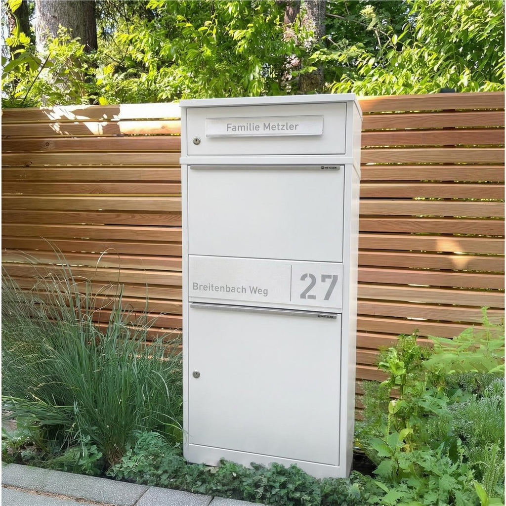 Metzler Paketbox mit Briefkasten | personalisiert mit Gravur | Edelstahl-Namensschild | mit Briefeinwurf | Taren