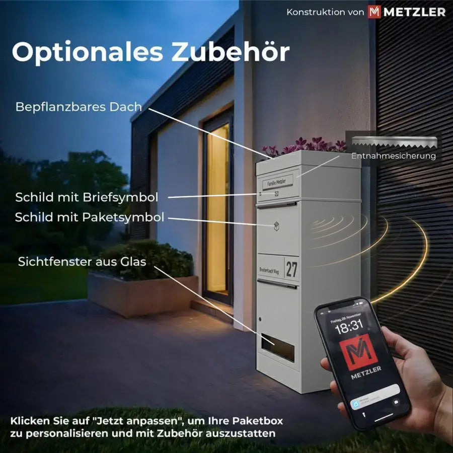 Metzler Paketbox mit Briefkasten | personalisiert mit Gravur | Edelstahl-Namensschild | mit Briefeinwurf | Taren