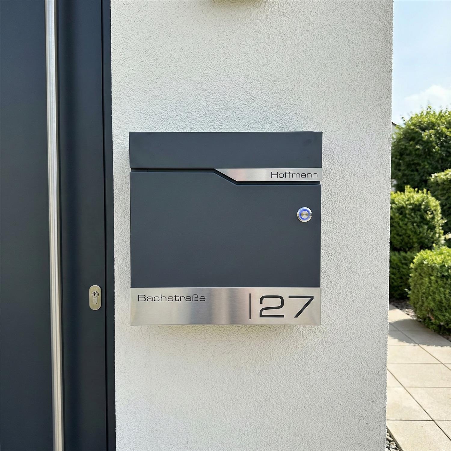 Metzler Briefkasten mit Funkklingel | personalisiert mit Gravur | Edelstahl-Namensschild | mit Zeitungsfach | Siebert