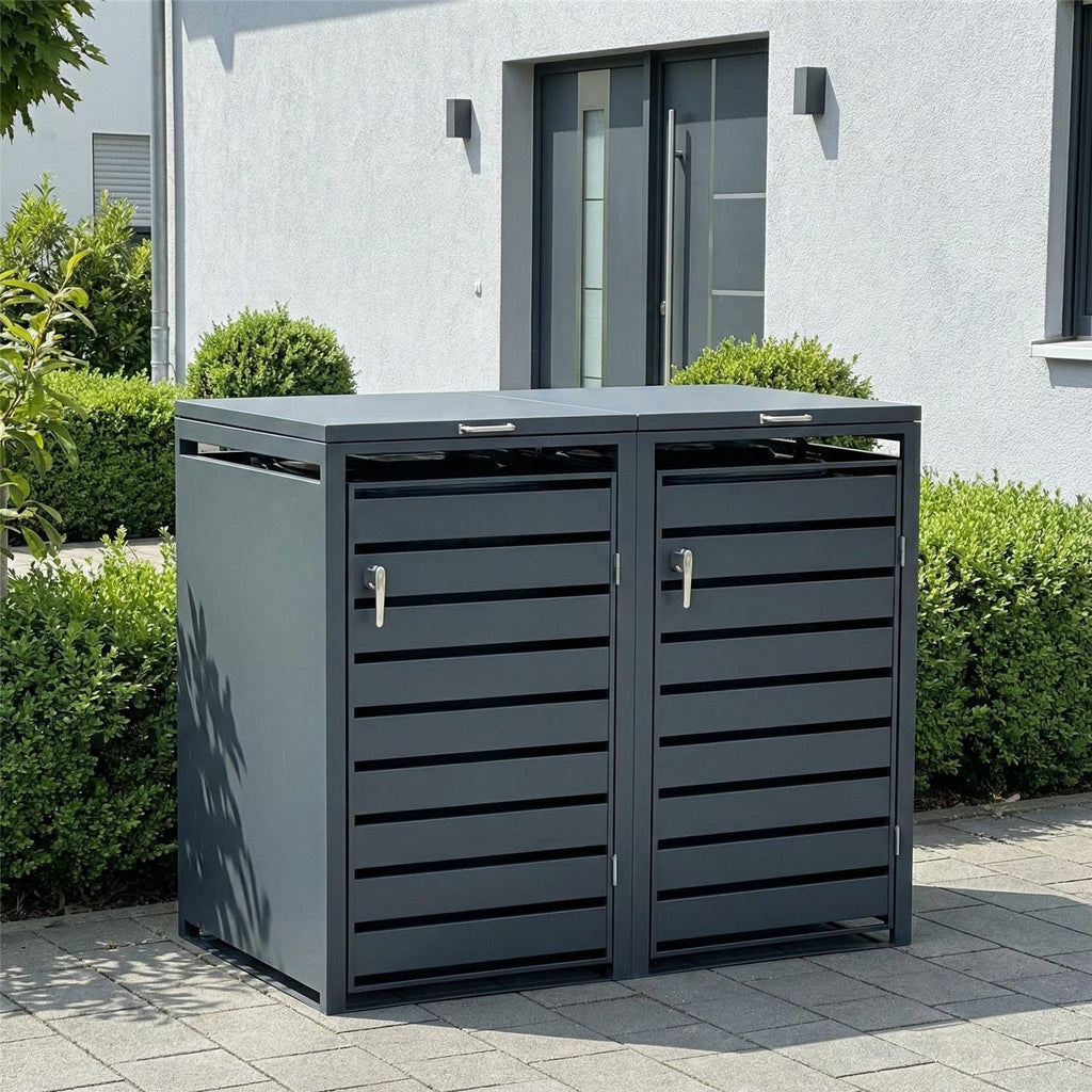 Metzler Mülltonnenbox | 2er | 240l | Anthrazit RAL 7016 | aus Stahl | mit Sichtstreifen | rostfrei & massiv | Türgriff mit Schloss