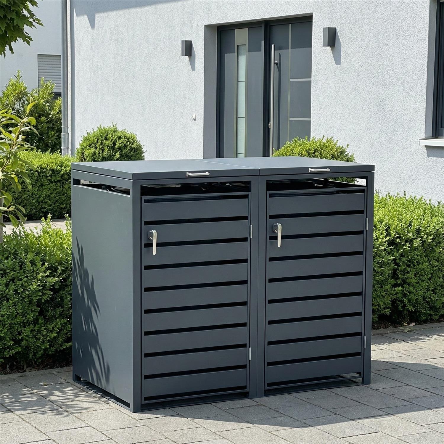 Metzler Mülltonnenbox | 2er | 240l | Anthrazit RAL 7016 | aus Stahl | mit Sichtstreifen | rostfrei & massiv | Türgriff mit Schloss
