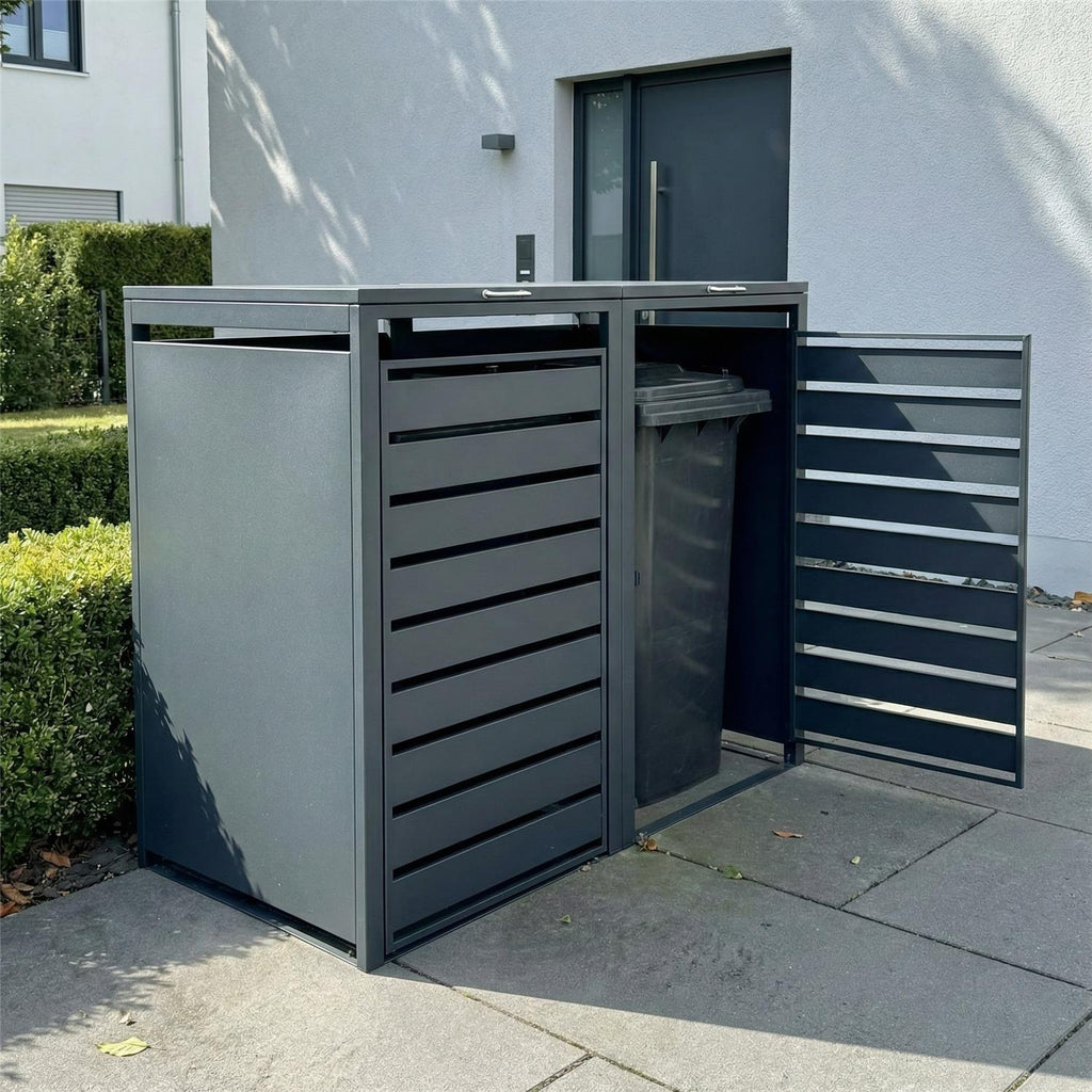 Metzler Mülltonnenbox | 2er | 240l | Anthrazit RAL 7016 | aus Stahl | mit Sichtstreifen | rostfrei & massiv | Türgriff mit Schloss