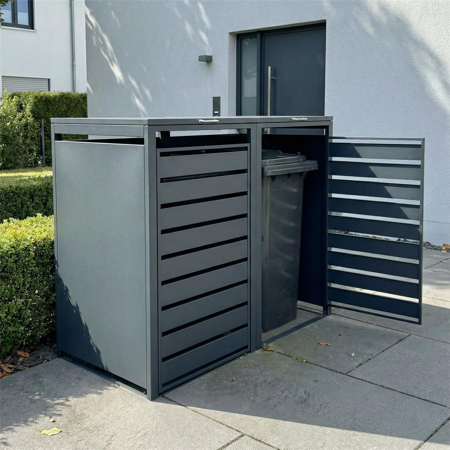 Metzler Mülltonnenbox | 2er | 240l | Anthrazit RAL 7016 | aus Stahl | mit Sichtstreifen | rostfrei & massiv | Türgriff mit Schloss