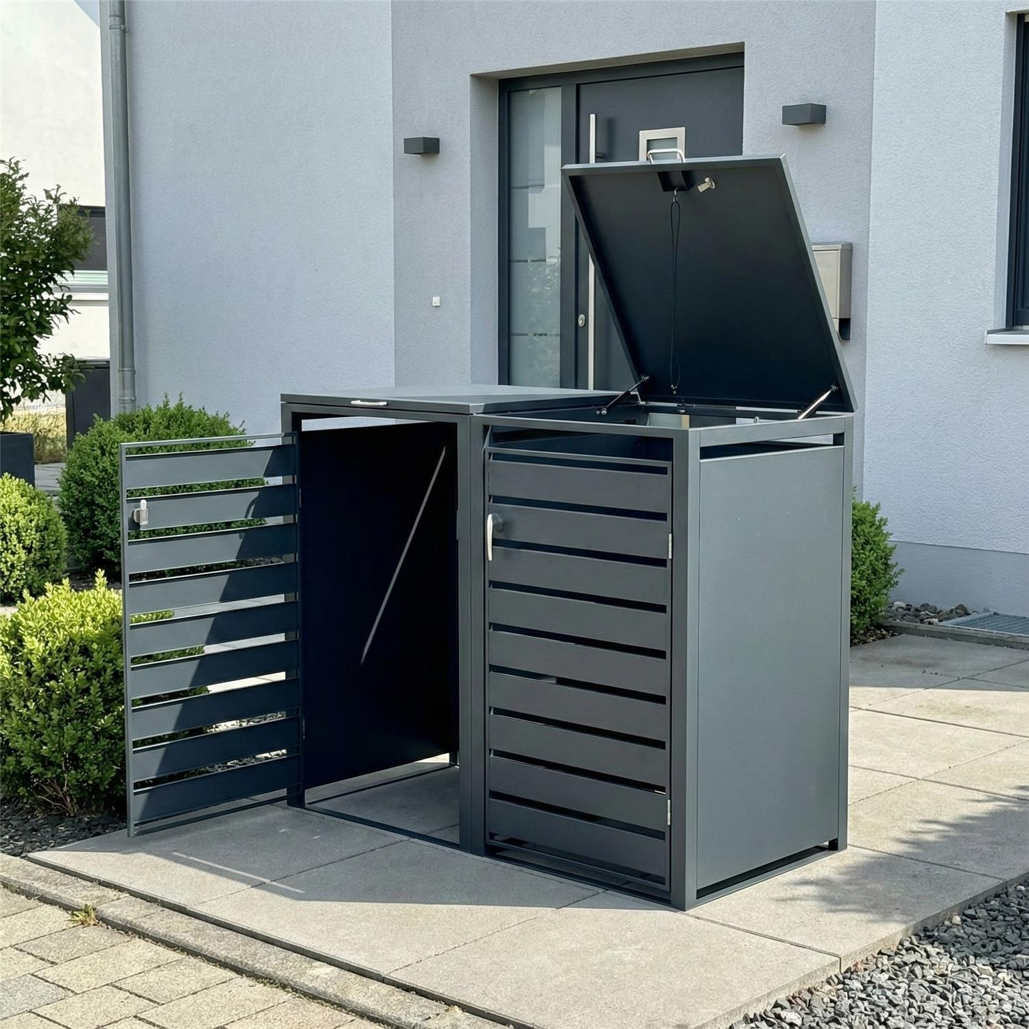 Metzler Mülltonnenbox | 2er | 240l | Anthrazit RAL 7016 | aus Stahl | mit Sichtstreifen | rostfrei & massiv | Türgriff mit Schloss