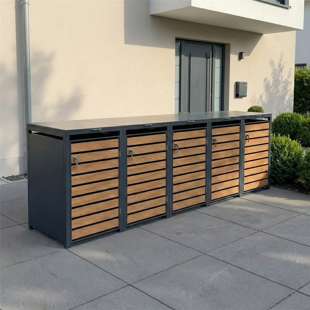 Metzler Mülltonnenbox | 5er | 240l | in Holzoptik | Anthrazit RAL 7016 | aus Stahl | rostfrei & massiv | Türgriff mit Schloss