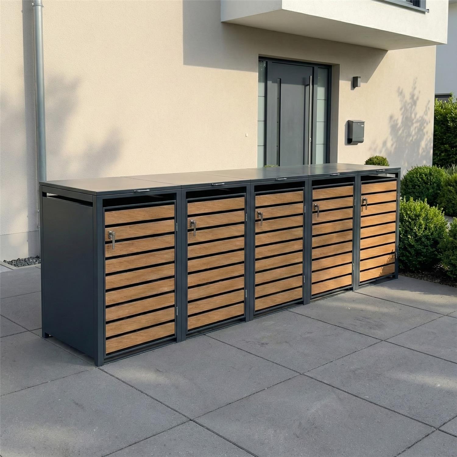 Metzler Mülltonnenbox | 5er | 240l | in Holzoptik | Anthrazit RAL 7016 | aus Stahl | rostfrei & massiv | Türgriff mit Schloss