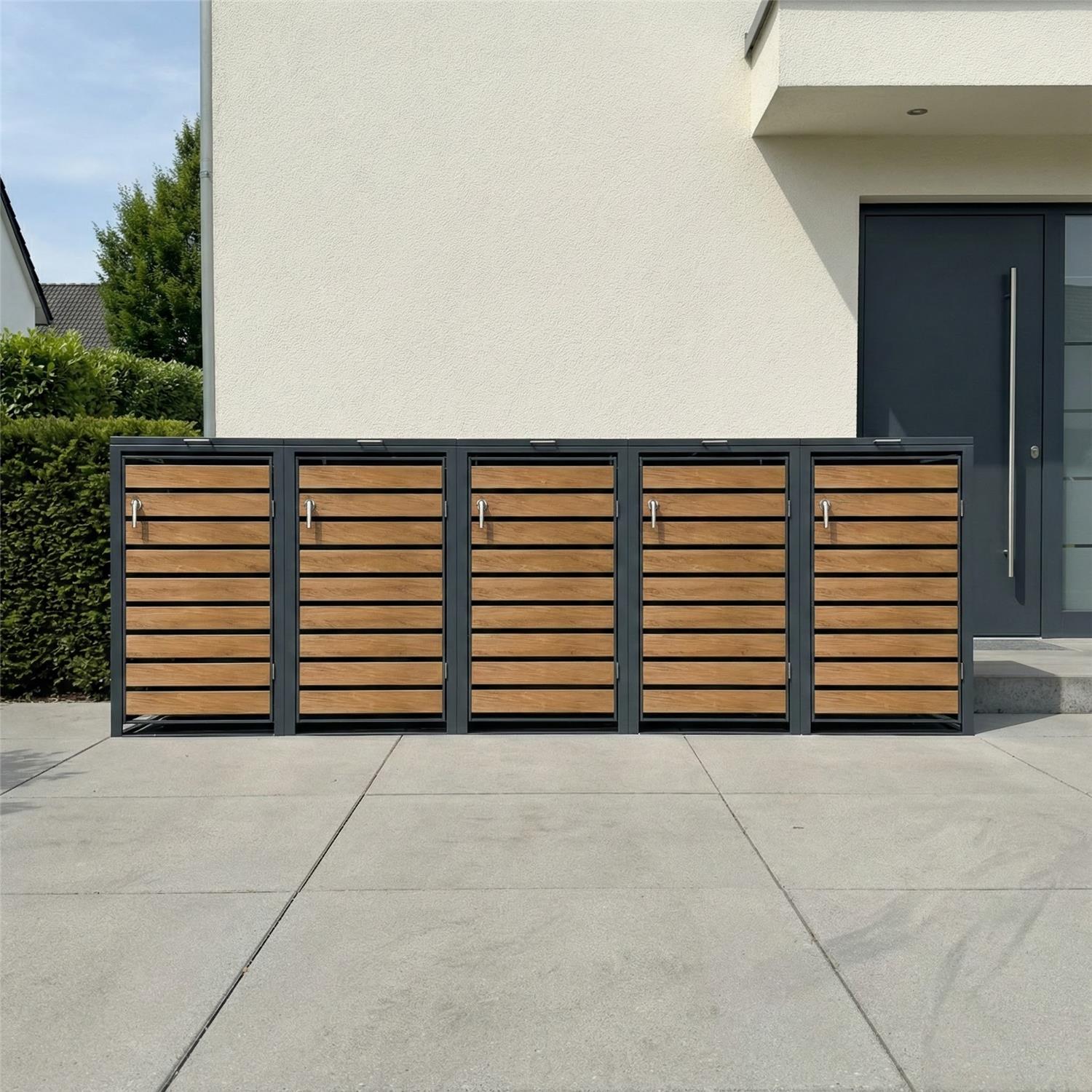 Metzler Mülltonnenbox | 5er | 240l | in Holzoptik | Anthrazit RAL 7016 | aus Stahl | rostfrei & massiv | Türgriff mit Schloss