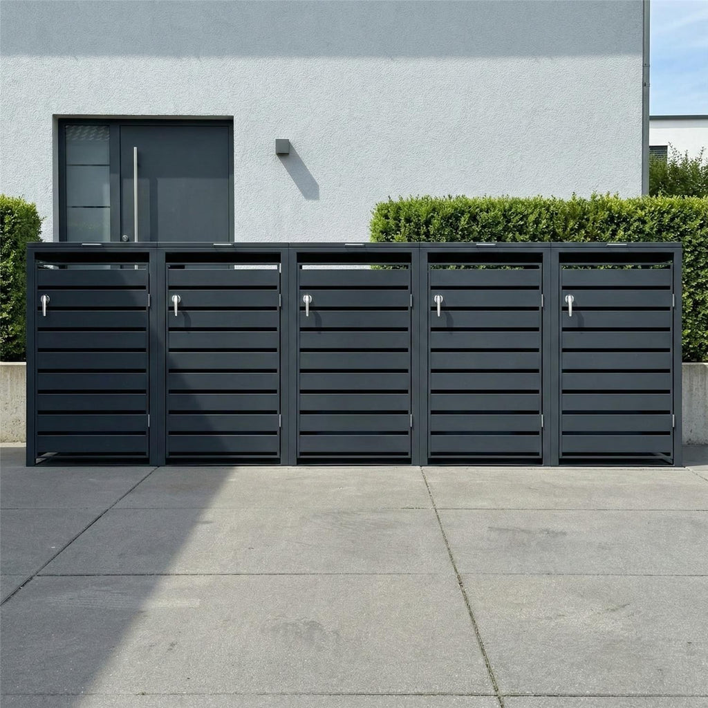 Metzler Mülltonnenbox | 5er | 240l | Anthrazit RAL 7016 | aus Stahl | mit Sichtstreifen | rostfrei & massiv | Türgriff mit Schloss