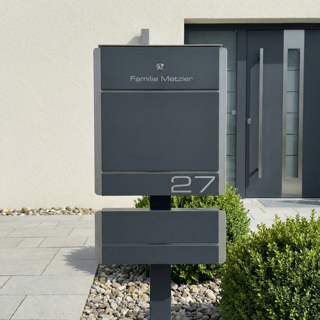 Metzler Briefkasten Standfuß Anthrazit Gravur + Zeitungsfach optional | 01