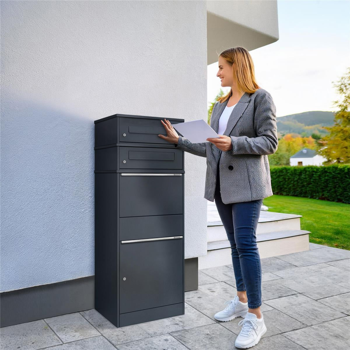 Metzler Paketbox mit 2 Briefkästen | zweifacher Briefeinwurf | für Pakete bis zur Größe M | rostfrei | Bispo