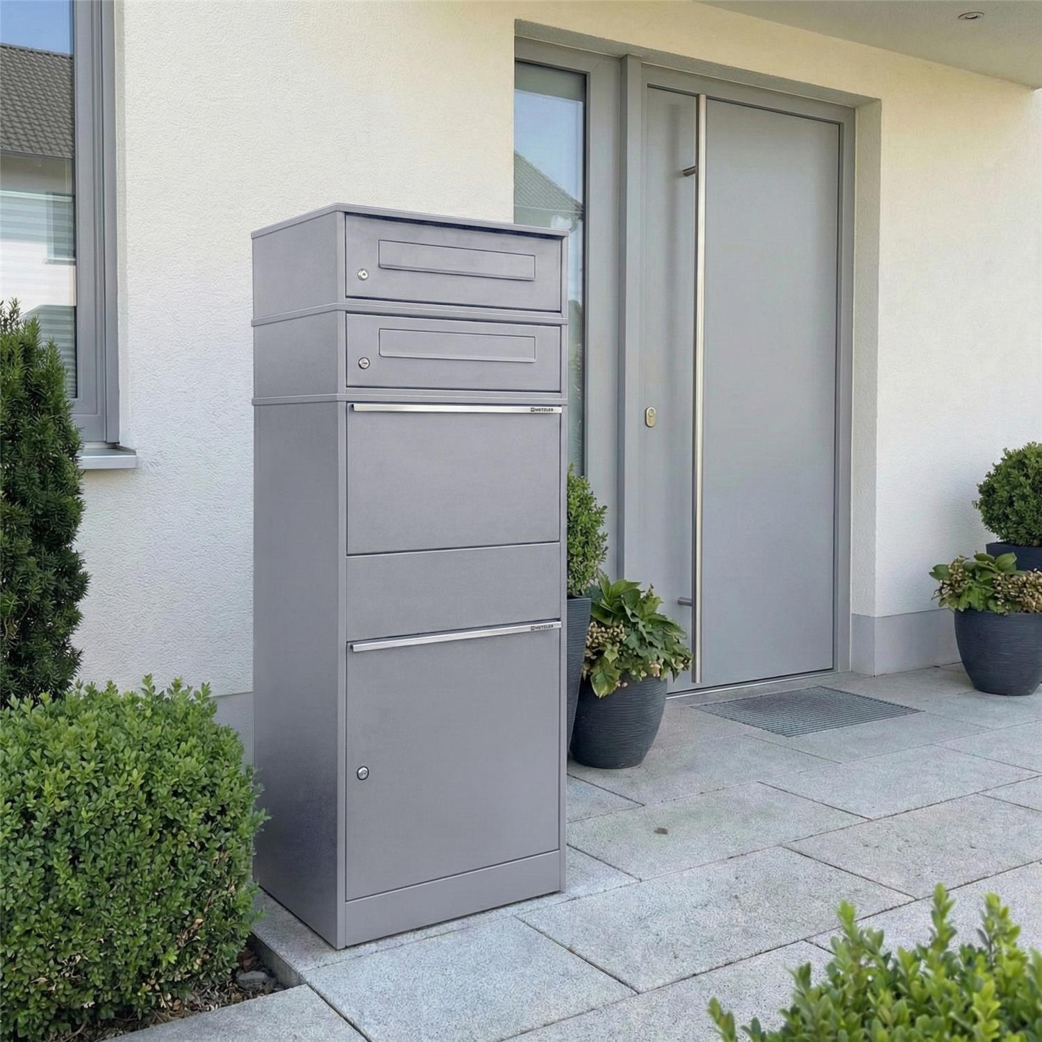 Metzler Paketbox mit 2 Briefkästen | zweifacher Briefeinwurf | für Pakete bis zur Größe M | rostfrei | Bispo